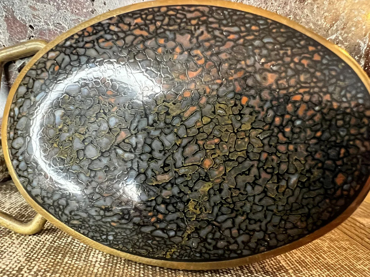 Close view of polished dinosaur gembone set in an oval belt buckle